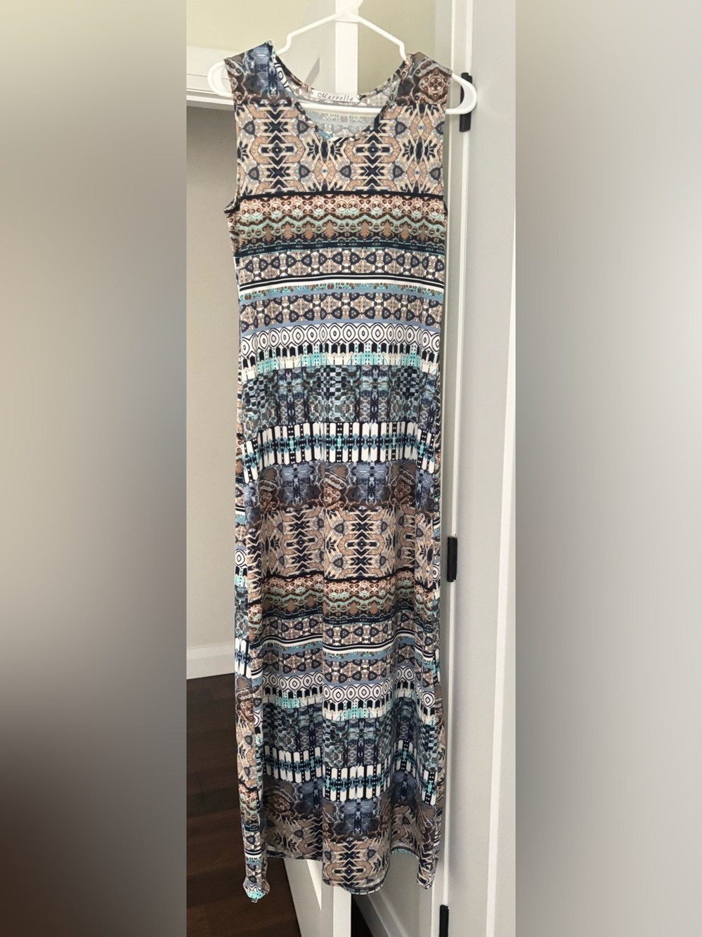 Sleeveless Maxi Dress in Blue and Tan Tribal Print